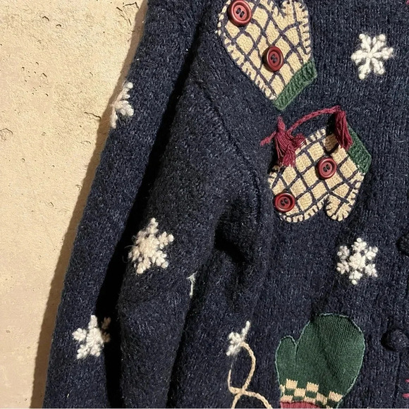 Retro Croft Barrow Hand Knit Christmas Holiday Sweater Cardigan XL Blue Red - Picture 7 of 11